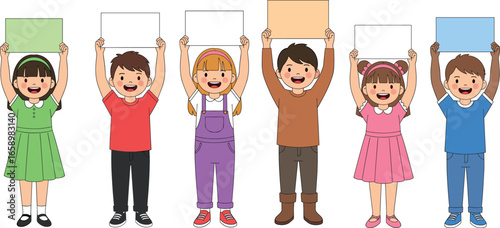 Diverse children holding blank signs, colorful outfits, cheerful expressions, isolated white background, educational concept, playful kids, cartoon illustration, joyful childhood