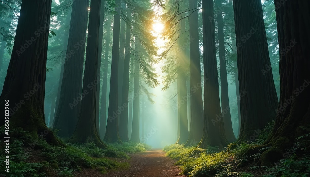 Fototapeta premium Sunlight filters through towering redwood trees in misty forest. Path leads through serene, green landscape, creating peaceful, majestic atmosphere. Breathtaking natural scenery offers sense of