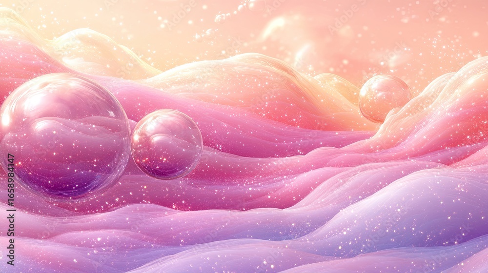 Obraz premium Dreamlike landscape with glowing spheres in pastel pink and purple tones creating a surreal and