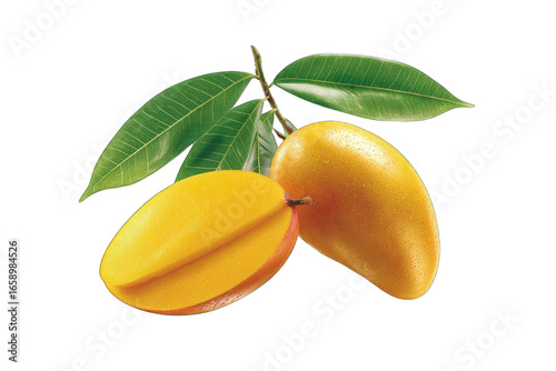 Ripe mango halves with leaves