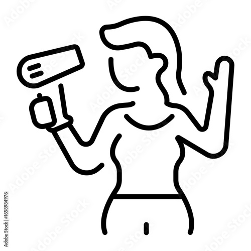 A linear icon representing a character doing hair drying