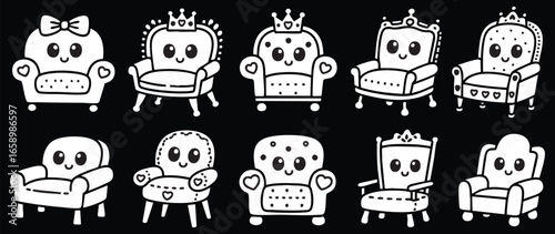 Ten Cute Kawaii Style Throne Chairs and Armchairs Clipart Set