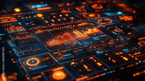 Futuristic Technology Interface with Glowing Data Visualizations and Complex Systems