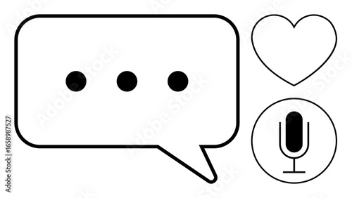 Chat bubble with ellipsis, heart symbol, and microphone icon representing communication, social interaction, audio recording, engagement, support, dialogue and connection. Ideal for messaging apps