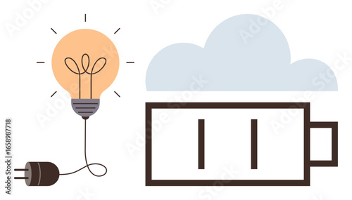 Energy-efficient light bulb connected to a plug, battery icon beside cloud forming renewable energy symbology. Ideal for sustainability, innovation, eco-energy, clean technology, power supply, green