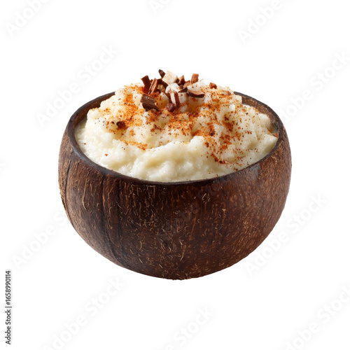 Creamy Coconut Rice Pudding in a Coconut Shell Bowl