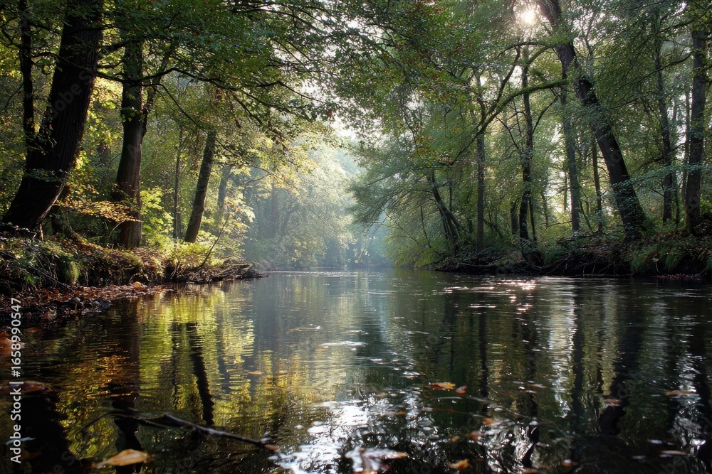 Obraz premium Peaceful river flowing through a serene autumn forest