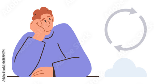 Person resting head on hand, looking pensive. Circular arrows and cloud suggest reflection, repetition, or innovation. Ideal for creativity, problem-solving, mindfulness, process thinking personal