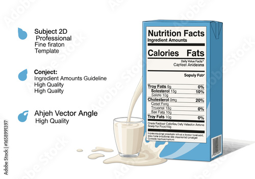 Illustration of a milk carton with nutrition facts and a glass of spilled milk.