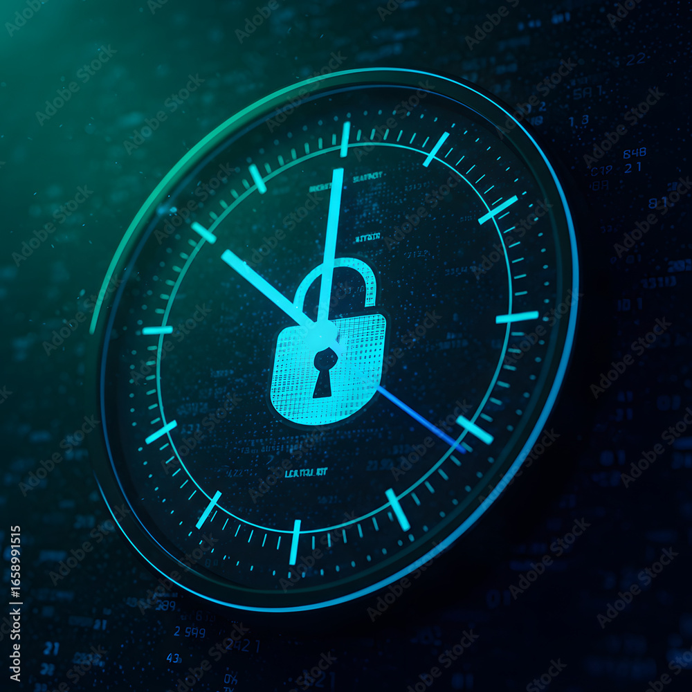 Fototapeta premium Digital clock with padlock symbolizing security