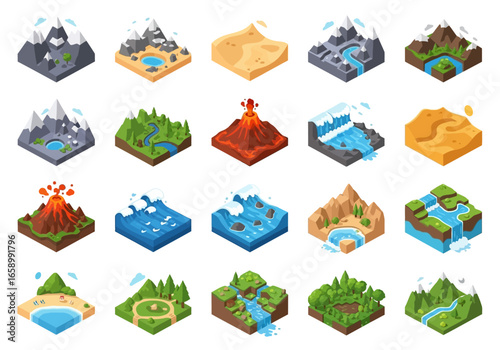 Isometric landscape tiles with mountains, deserts, volcanoes, forests, rivers, and water features.