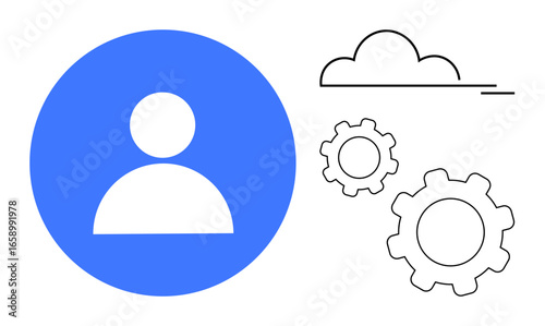 User profile symbol in blue circle alongside cloud outline and three gear elements. Ideal for technology, user management, cloud computing, system setup, data integration, process optimization
