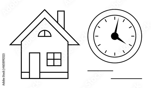 House with simple architecture next to a clock displaying time. Ideal for scheduling, planning, home routines, time efficiency, lifestyle, work-life balance, simple flat metaphor