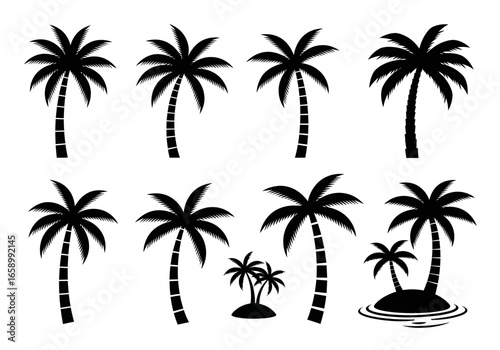 A collection of eight stylized black silhouette palm trees, some on small islands with water.