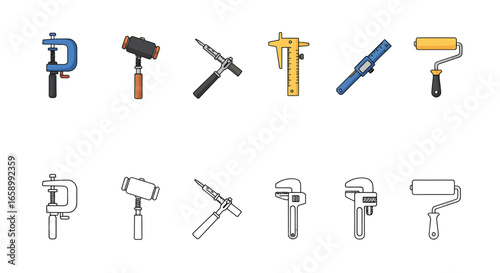 A collection of various hand tools for construction and repair, shown in both full color and line art icon styles.