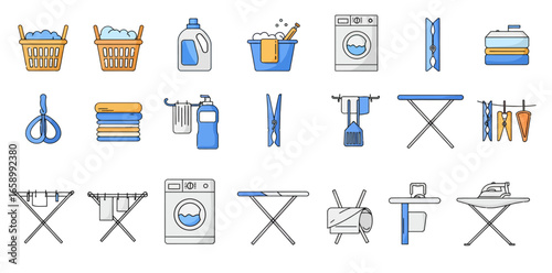 A collection of laundry icons depicting various washing, drying, and ironing tools and equipment.