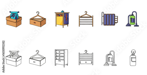 A collection of colorful and outline icons depicting various household items related to laundry, cleaning, and storage, including hampers, drying racks, and vacuum cleaners.