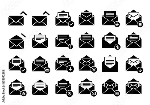 A comprehensive set of black and white email and envelope icons showing various states and notifications for digital communication.