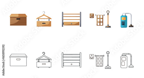 A collection of colorful and outlined illustrations of various household furniture and cleaning appliances.
