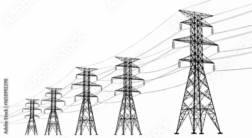 Perspective vector illustration of electricity pylons, power grid