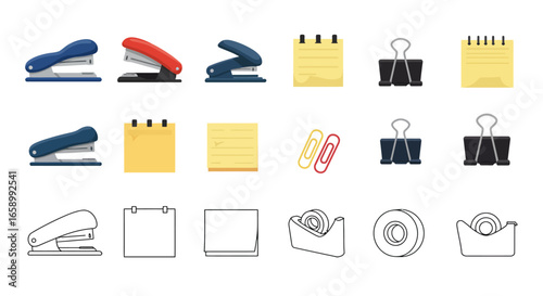 Collection of various office supplies, including staplers, notepads, paper clips, and tape dispensers, arranged in a grid.