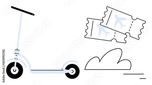 Minimal scooter next to airplane tickets and cloud. Ideal for transportation, travel, adventure, mobility, eco-friendly commuting, vacation planning, simple landing page