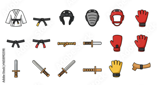 Collection of martial arts equipment, including uniforms, protective gear, and weapons.