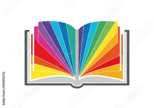 An open book with colorful pages fanned out, symbolizing knowledge and creativity.