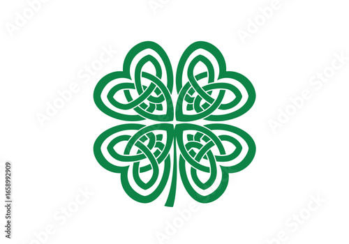 A stylized green four-leaf clover symbol composed of interwoven Celtic knots on a white background.