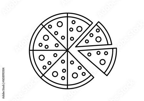 Simple black and white line art of a round pizza cut into eight slices, with one slice pulled away.