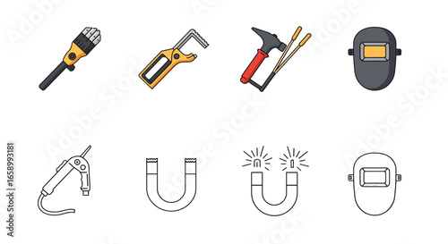A collection of various welding and metalworking tools, including grinders, clamps, hammers, helmets, torches, and magnets, presented as flat and outline icons.