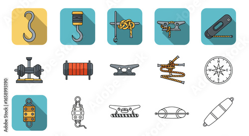 A diverse set of nautical and marine equipment icons, featuring boat hooks, cleats with ropes, winches, pulleys, buoys, and a compass, presented with distinct shadows.
