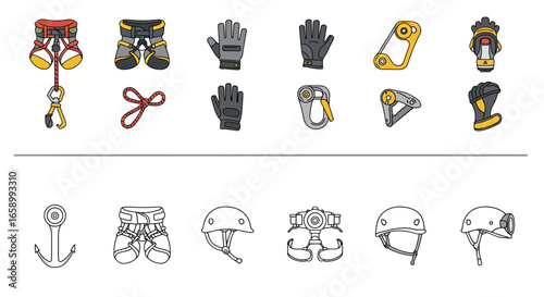 Collection of climbing equipment icons including harnesses, gloves, carabiners, and helmets, presented in both color and outline styles.