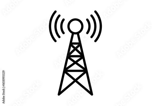 A black line art icon of a communication tower broadcasting radio waves or wireless signals against a white background.