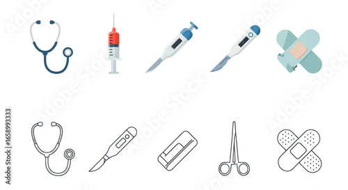 Collection of medical equipment icons, including stethoscopes, syringes, thermometers, bandages, and surgical tools.