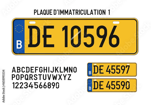 Illustration of a Belgian license plate with the characters DE 10596, along with alphabet and number sets and two additional license plates.