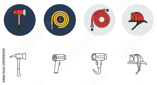 Firefighter equipment icons:  colored and line art illustrations of a fire axe, hose, helmet, and rescue tools.