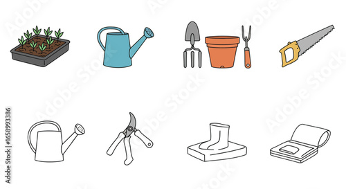 Gardening tools and seedlings illustrated in a simple, hand-drawn style.