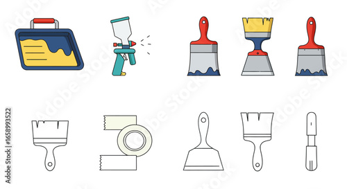 Various colorful and outline illustrations of essential painting and home improvement tools like brushes, spatulas, and a paint spray gun.