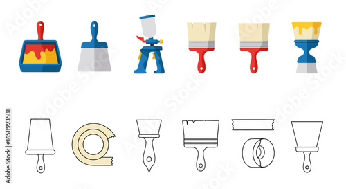 Illustration featuring various painting tools, including brushes, sprayers, and paint applicators, in color and outline versions.