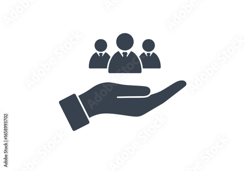 A conceptual icon of a hand holding a group of people, symbolizing customer care, human resources, and teamwork.