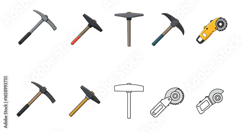 Collection of hand tools, picks, and angle grinders, various styles and colors.