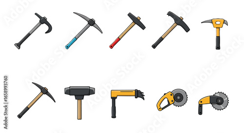 Various construction and mining tools, including different types of hammers, picks, and power grinders, displayed on a white background.