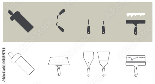 Illustrations of various painting and construction tools, showing different styles and details.
