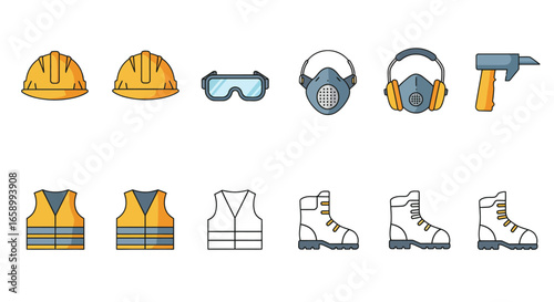 A set of illustrated icons depicting personal protective equipment (PPE) for construction and industrial workplace safety.