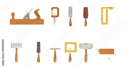 A collection of traditional hand tools for woodworking and carpentry, including a plane, clamp, mallet, and square.