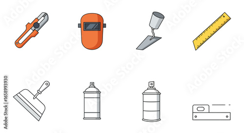A collection of eight flat design icons representing various tools and supplies used in construction, renovation, and DIY projects, including a utility knife...
