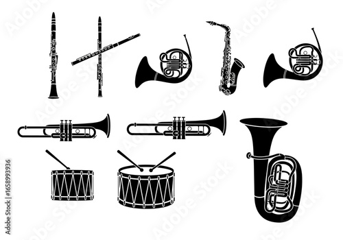 Collection of various musical instruments in silhouette style.