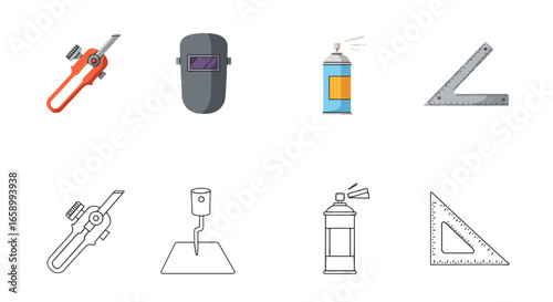A collection of tools including an angle grinder, welding mask, spray can, and a set square, presented in both color and line art.