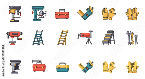 A comprehensive collection of various industrial and construction tools and equipment, including drill presses, toolboxes, ladders, and safety gear, presented as colorful icons.